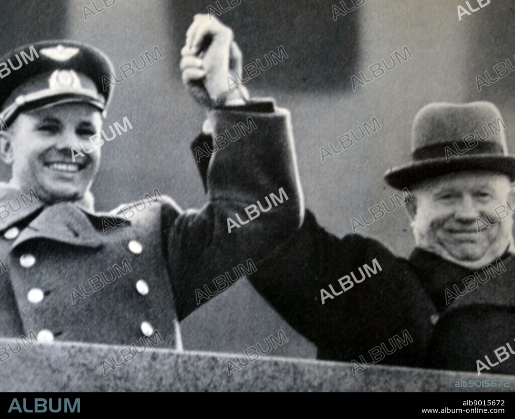 Yuri Gagarin with Nikita Khrushchev at Moscow's Vnukovo airport after Gagarin's historic flight in 1961.