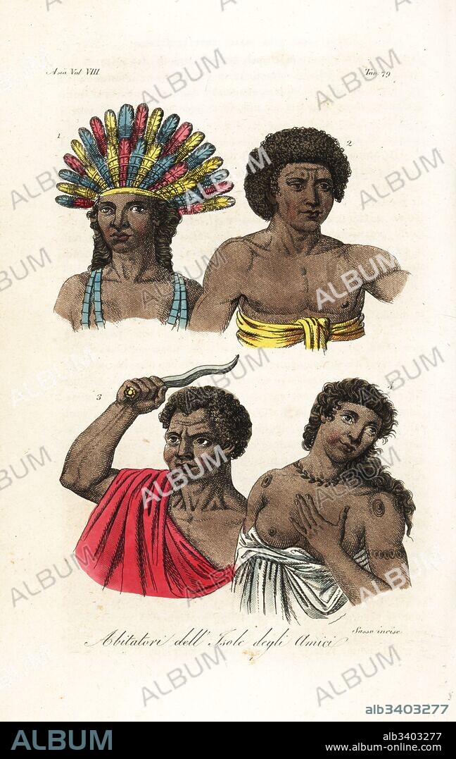 Natives of Tonga (Friendly Islands). King Poulaho in feather headdress, man in gnatoo tappa cloth, Chief Ataongo Otago of Tongatapu Amsterdam Island with knife, woman with tattoos in gnatoo. Handcoloured copperplate engraved by Sasso after John Webber from Giulio Ferrario's Ancient and Modern Costumes of all the Peoples of the World, Florence, Italy, 1844.