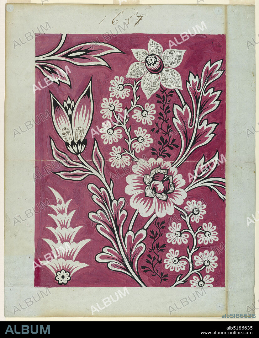 Design for a printed fabric, Graphite, brush and gouache on heavy laid paper, Fantastic flowers, with petals done in picotage, rise vertically among stylized oak leaves., probably France, 17501800, textile designs, Drawing, Drawing.