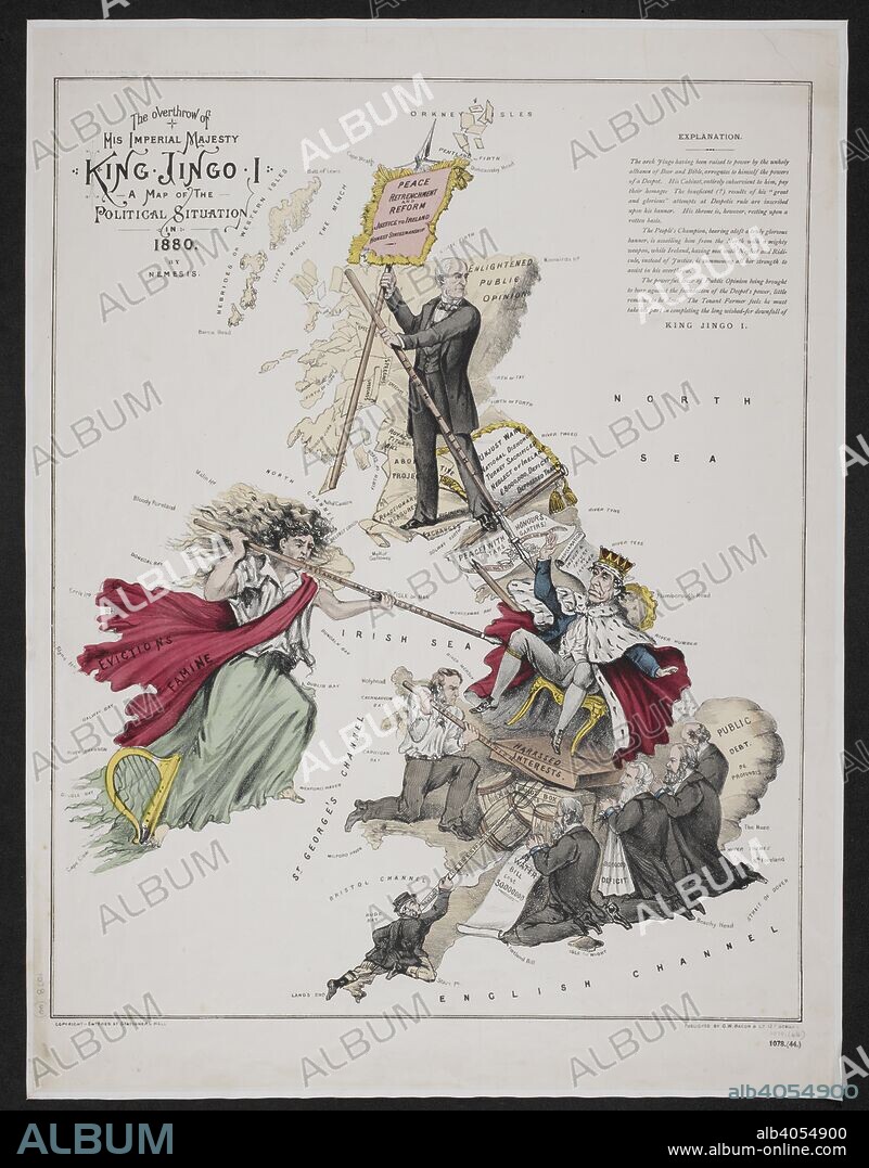 A satirical map of the British Isles. The overthrow of His Imperial Majesty King Jingo I. A map of the political situation in 1880. By Nemesis. [i.e. Frederick W. Rose]. London : G.W. Bacon & Co., [1880]. 38 x 60 cm. Source: Maps.1078.(44).