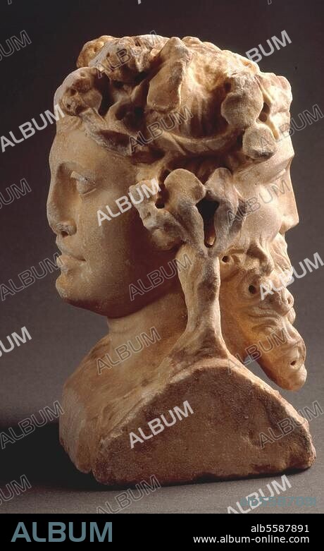 Art romain. 2/3ème siècle avant J.-C. Têtes opposées d'Ariane et de Bacchus. Sculpture en marbre. Hauteur: 23,4 cm. Torino, Museo di Antichità.
