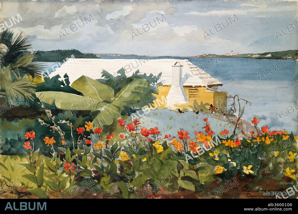 Flower Garden and Bungalow, Bermuda. Artist: Winslow Homer (American, Boston, Massachusetts 1836-1910 Prouts Neck, Maine). Dimensions: 13 15/16 x 20 15/16 in. (35.4 x 53.2 cm). Date: 1899.
Beginning in 1884, Homer made many winter visits to tropical locations and watercolor became his preferred medium while traveling. In contrast to his weighty and carefully considered Cullercoats watercolors, his tropical pictures were lighter in handling and less formal in composition. In late 1885 and early 1886, he went to Florida, painting in Tampa and Key West. He returned in 1890, staying in the fishing community of Enterprise on the St. Johns River and painting watercolors notable for their fluid washes and delicate color harmonies. During the winter of 1898-99, Homer was once again in the Bahamas. In one of the most productive periods of his later years, he created at least twenty-five watercolors, distinguished from those of 1884-85 by even brighter light, more saturated colors, broader strokes, and far less use of pencil underdrawing. Similar quantities and even looser handling are found in the watercolors such as this one, which he painted during his visit to Bermuda in 1899.
Homer's mature watercolors are suggestive and experimental, immediate responses to visual experience. Although these works look effortless, they were carefully planned, and even the most assured among them reveals the artist's changes and corrections. "You will see, in the future I will live by my watercolors," Homer is reported to have said. His prediction was accurate: his watercolors provided him with a handsome income, they have never ceased to be admired, and their influence on artists of succeeding generations has been profound.