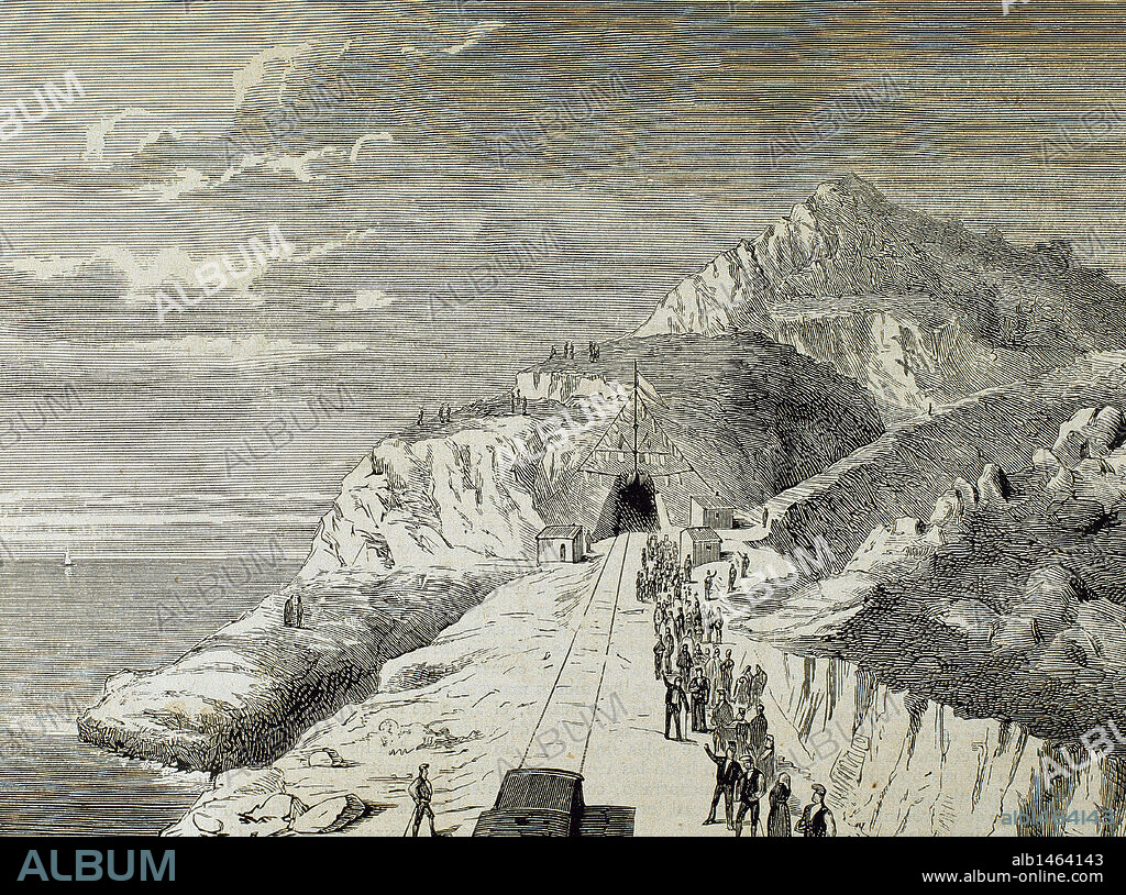 FERROCARRIL DE BARCELONA A VALLS: Túnel de Falconera en las Costas del Garraf, cuya perforación se terminó en 1880. La Ilustración Española y Americana. 1880. Grabado del siglo XIX.