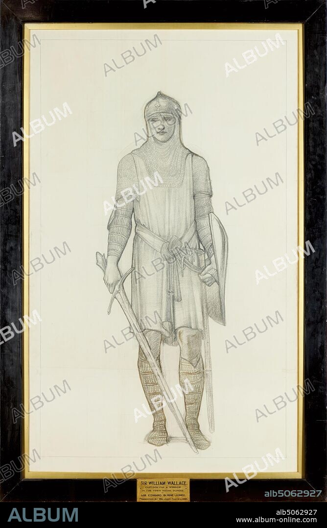 Sir William Wallace, 1888-9 Sir Edward Burne-Jones (d.1898), Inscribed: Sir William Wallace. Cartoon for a window in the Town House, Dundee by Sir Edward Burne-Jones. Presented by Mr John Feeney, 1901, 19th Century, Shield, Sword, Drawing, Chalk, Scotland, Knight, Soldier, Works on Paper.