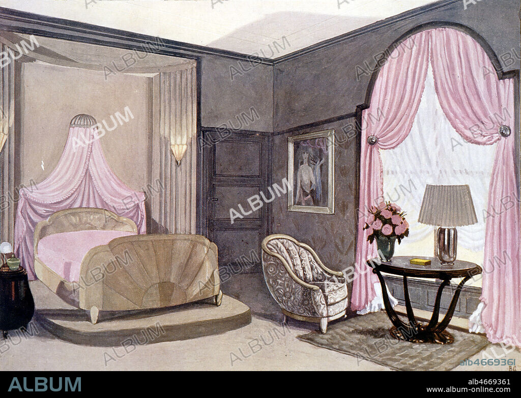 Chambre de dame par Andre Groult (1884-1966=ADAGP). Exposition des Arts Decoratifs a Paris en 1925, 'Interieurs en couleur' Edition Albert Levy, Credit Collection Kharbine Tapabor.
