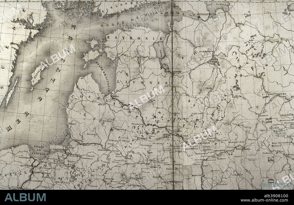 Mapa de Rusia. Detalle de los Paises Bálticos y del Golfo de Finlandia. Historia del Consulado y del Imperio de Napoleón (Atlas de l'Histoire du Consulat et de l'Empire). Obra de Marie Joseph Louis Adolphe Thiers (1797-1877). Dibujos realizados por Dufour y grabados por Dyonnet. Editado en París, 1864. Biblioteca Histórico Militar de Barcelona. Cataluña, España.