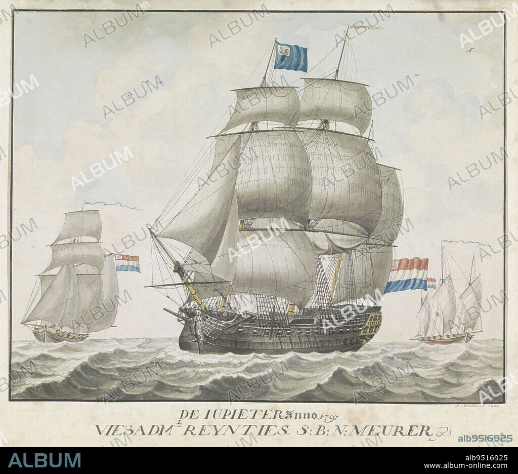 Warship De Jupiter, 1797, C. Toussaint, 1800, The Batavian warship de Jupiter, under vice-admiral Hermanus Reijntjes and scout-at-arms Frederik Alexander Meurer. The ship was part of the Batavian fleet that was defeated by the British during the naval battle of Kamperduin on October 11, 1797. On the high seas sailing to the left, accompanied by two smaller armed ships., draughtsman: C. Toussaint, Netherlands, 1800, paper, pen, brush, h 390 mm × w 443 mm.