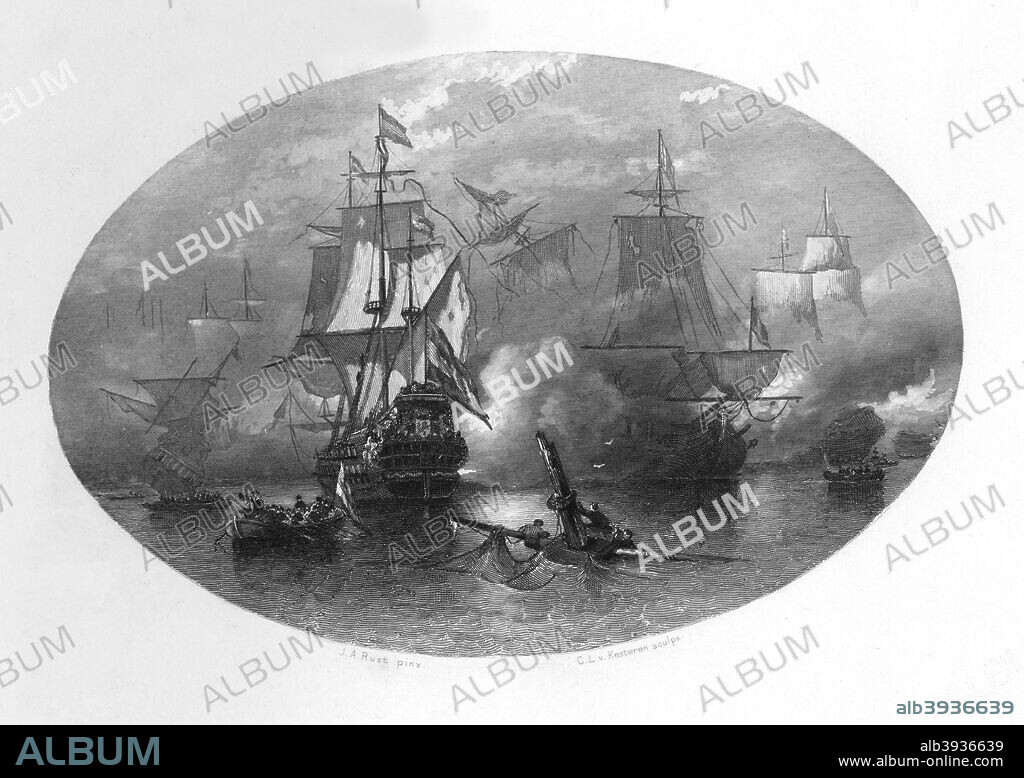 The naval Battle of Solebay, 1672, (c1870). The Battle of Sole Bay, was a bloody but indecisive naval battle fought off Southwold, Suffolk, between the English and French on one side and the Dutch on the other in 1672. A print from Nederlands Geschiedenis en Volksleven in Schetsen, by J van Lenner and J ter Gouw. (Leiden, AW Sijthoff, c1870).