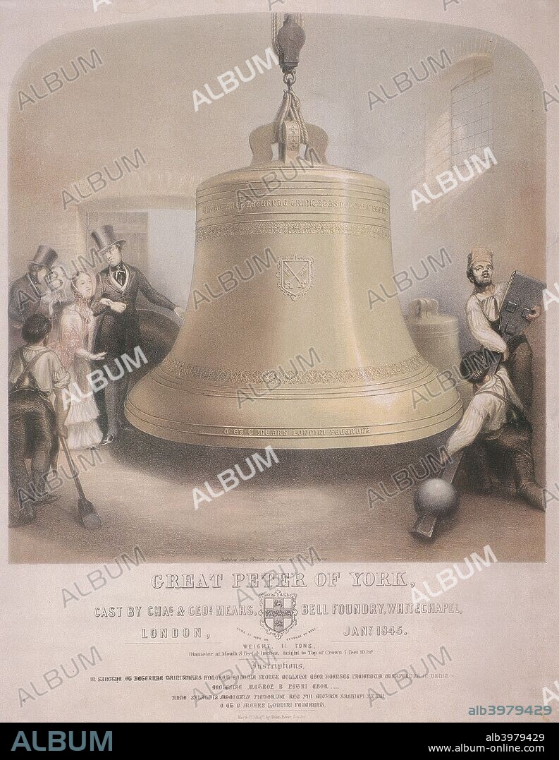 View of the Great Peter of York bell, 1845. View of the bell cast by Charles and George Mears at the Bell Foundry, no. 267 Whitechapel Road. With two workmen on the right struggling with the large clapper, and a couple viewing the bell on the left.