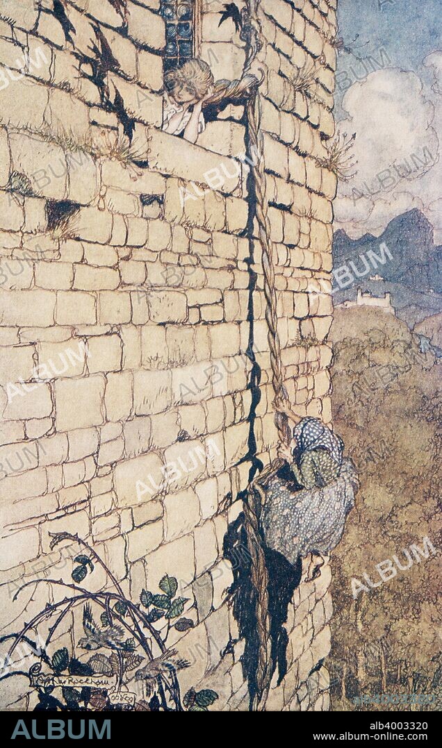 The Witch Climbed up .. . Rapunzel from The Fairy Tales of the Brothers Grimm, pub. 1909 (colour lithograph).