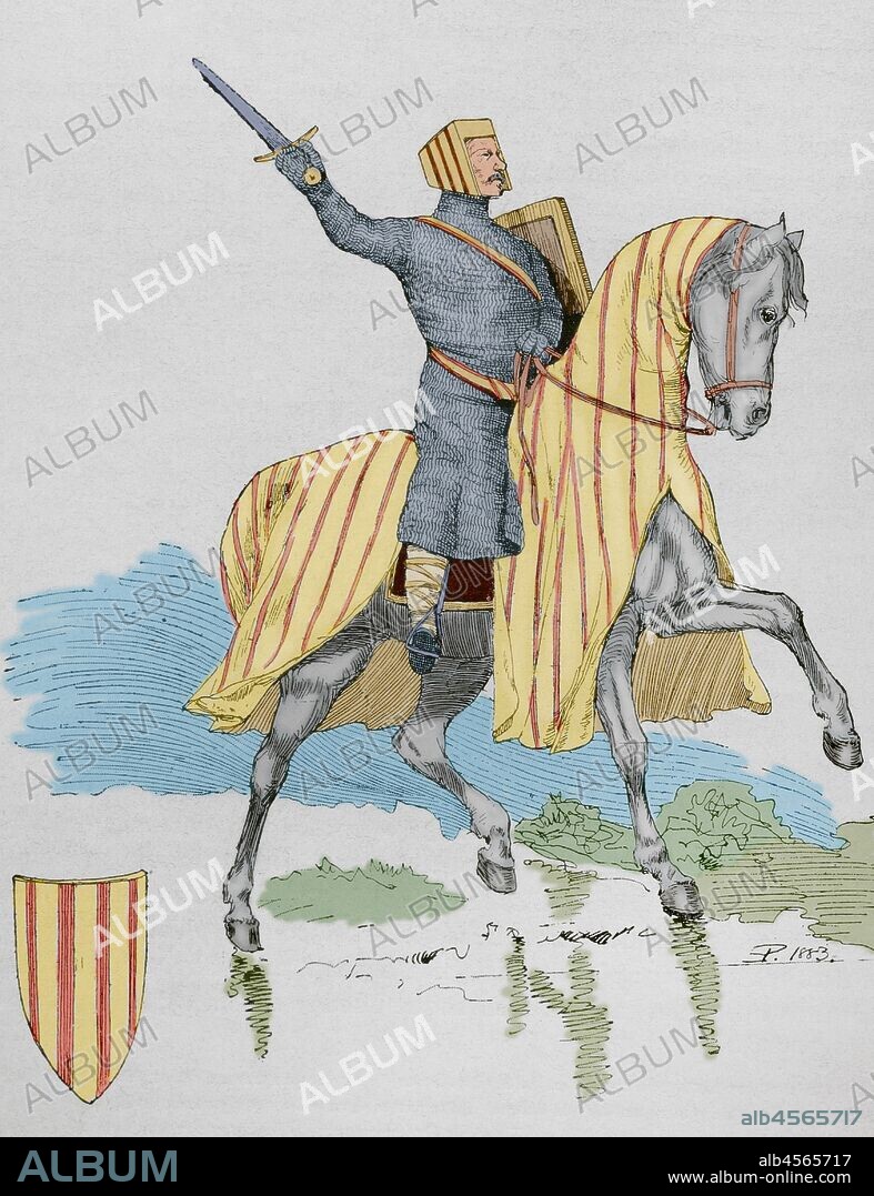 Pedro III de Aragón (1240-1285), llamado el Grande. Rey de Aragón, Valencia, Rey de Sicilia y Conde de Barcelona. "Museo Militar del Ejército Español", Tomo I. Evaristo Ullastres Editor. Barcelona, 1883. Coloreado.