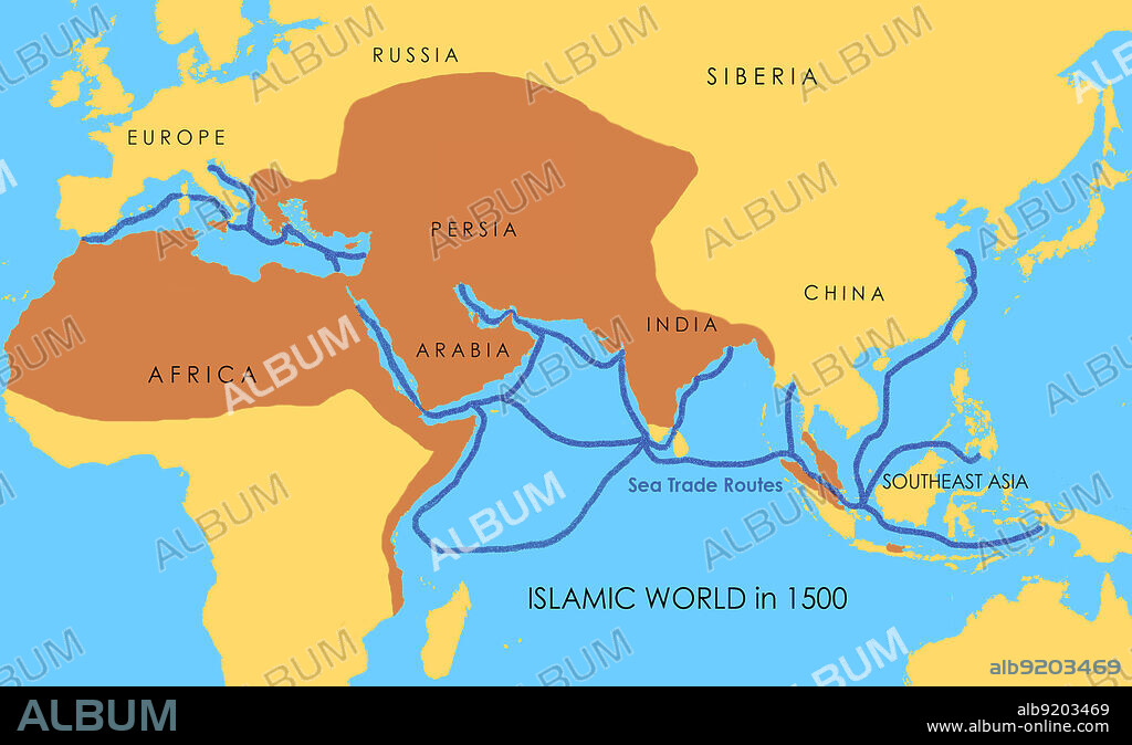 A map showing a network of medieval sea trade routes. The areas in darker yellow indicate the extent of the Islamic world in 1500.