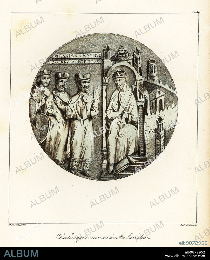 Emperor Charlemagne or Charles the Great (748-814), King of the Franks, receiving ambassadors of Constantine, Byzantine Emperor. Charlemagne recevant des Ambassadeurs. Tinted lithograph by Villain after an illustration by Horace de Viel-Castel from his Collection des costumes, armes et meubles pour servir à l'histoire de la France (Collection of costumes, weapons and furniture to be used in the history of France), Treuttel & Wurtz, Bossange, 1827.