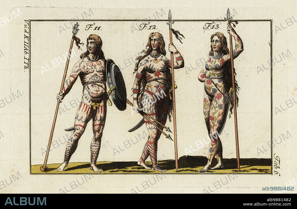 Three Picts with naked bodies painted with stars and animals (man 11) and flowers (woman 12, daughter 13). They carry lances with ball-ends in their right hands, and javelins or shields in their left. Handcolored copperplate engraving after John Speed from Robert von Spalart's Historical Picture of the Costumes of the Principal People of Antiquity and Middle Ages, Vienna, 1796.