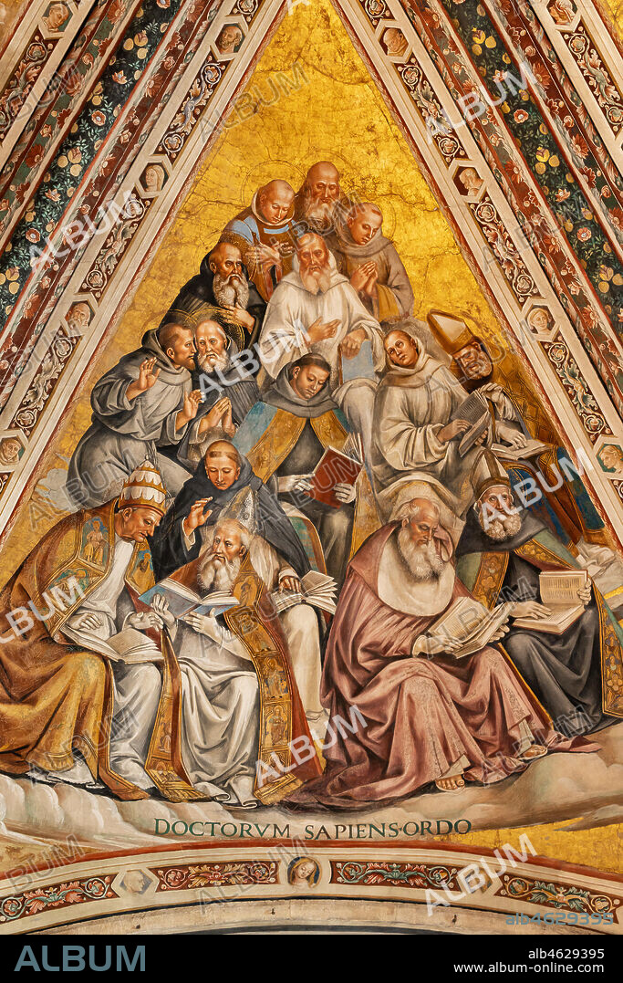 Orvieto, Basilica Cathedral of Santa Maria Assunta (or Duomo), the interior, Chapel Nova or Chapel of St. Brizio, the vault: the rib vault with The Doctors of the Church, by Luca Signorelli 1500 - 1504.