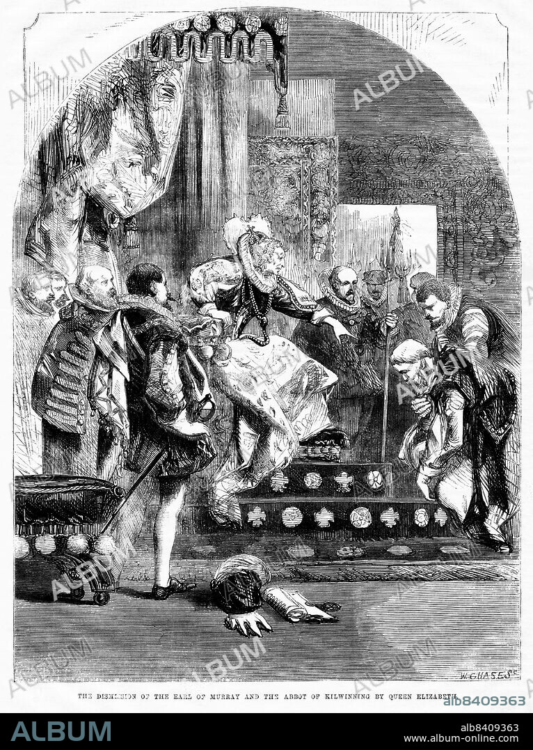 The Dismission of the Earl of Murray (Moray) and the Abbot of Kilwinning by Queen Elizabeth, Illustration from the Book, John CasselÄôs Illustrated History of England, Volume II, text by William Howitt, Cassell, Petter, and Galpin, London, 1858.