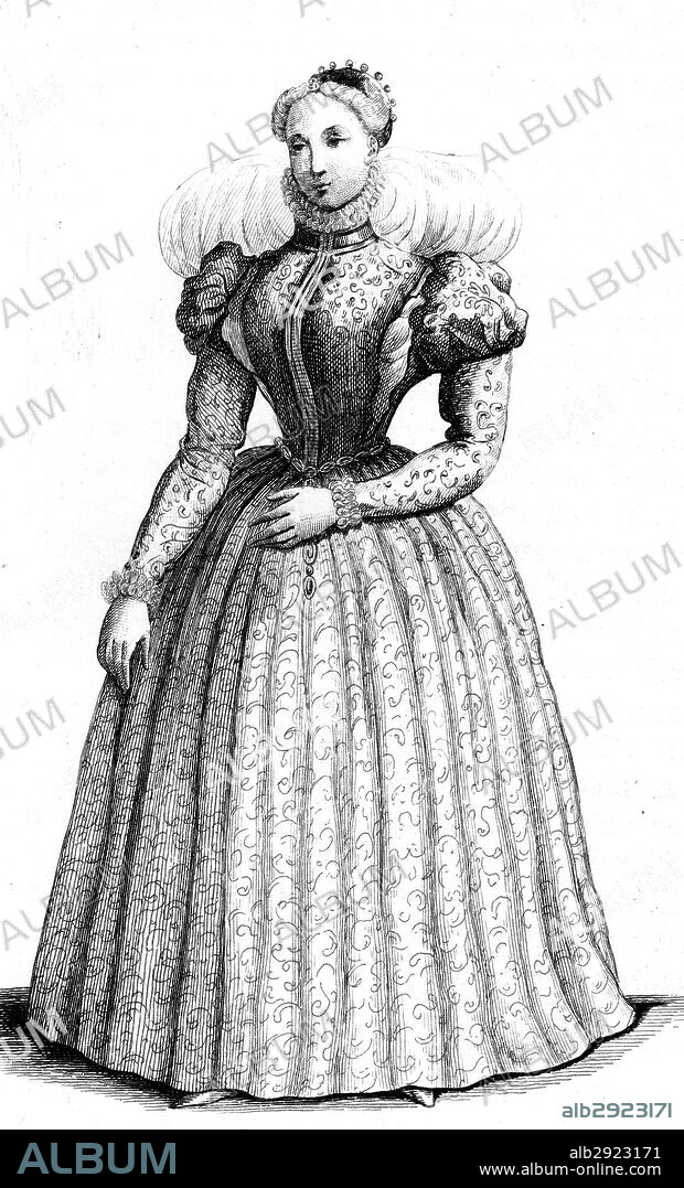 French vintage clothes XVI century Charles kingdom IX, King of France. Catherine des Roches.