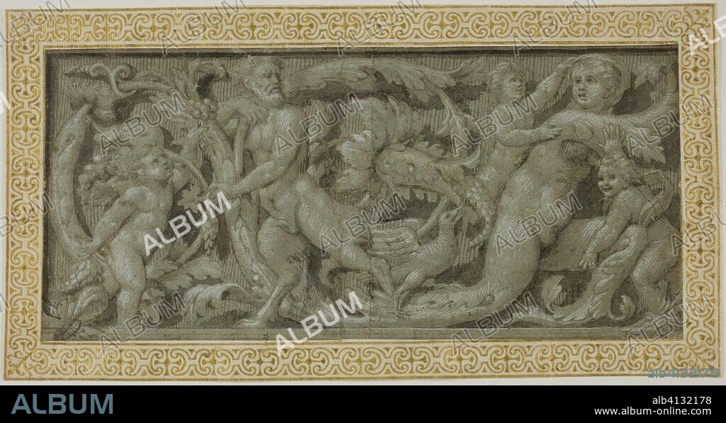 CIRCLE OF GIOVANNI ANTONIO DA PORDENONE. Frieze with Satyr, Nymph, and Putti. Circle of Giovanni Antonio de'Sacchis, called Il Pordenone; Italian, c. 1483-1539. Date: 1503-1539. Dimensions: 124 x 267 mm (max.). Brush and brown ink and brown wash, heightened with lead white (partially oxidized), on blue laid paper pieced in center, edge mounted to cream laid paper with ornamental border in brush and gold paint. Origin: Italy.