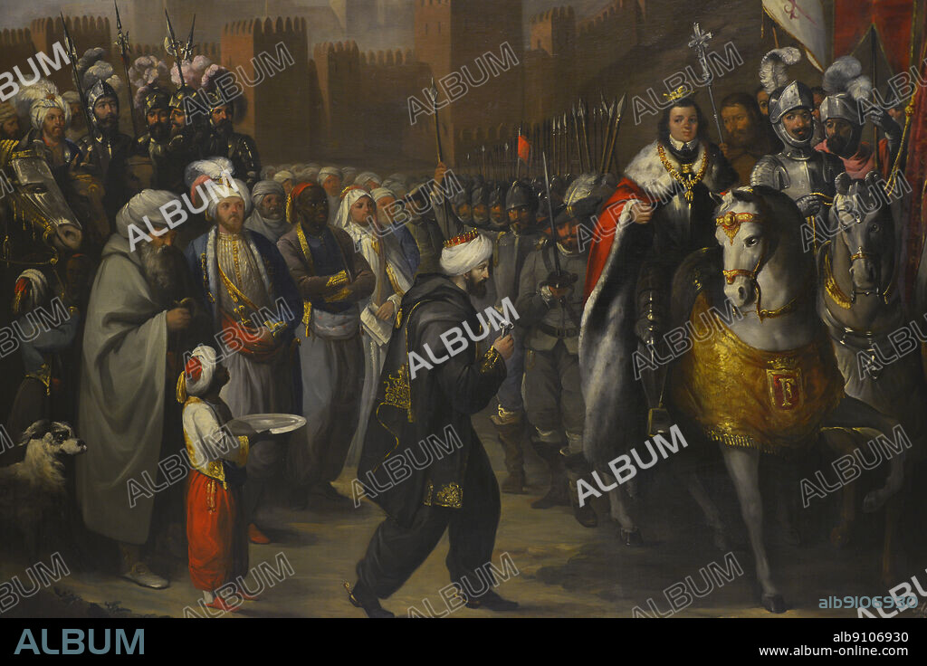 JUAN DE MATA PRATS (D. 1855). SPANISH PAINTER.. La Conquista de Almería. Entrega de las llaves de Almería por el Rey moro a Fernando el Católico (diciembre de 1489). Oleo sobre lienzo por Juan de Mata Prats, 1852. Detalle. Museo del Ejército. Toledo, España.