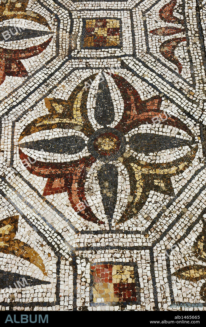 ARTE ROMANO. PORTUGAL. VILLA ROMANA DE PISOES. Habitada entre los siglos I y IV. Detalle de un MOSAICO decorado con motivos geométricos y florales. Finca de Almagraça. Alrededores de Beja. El Alentejo.