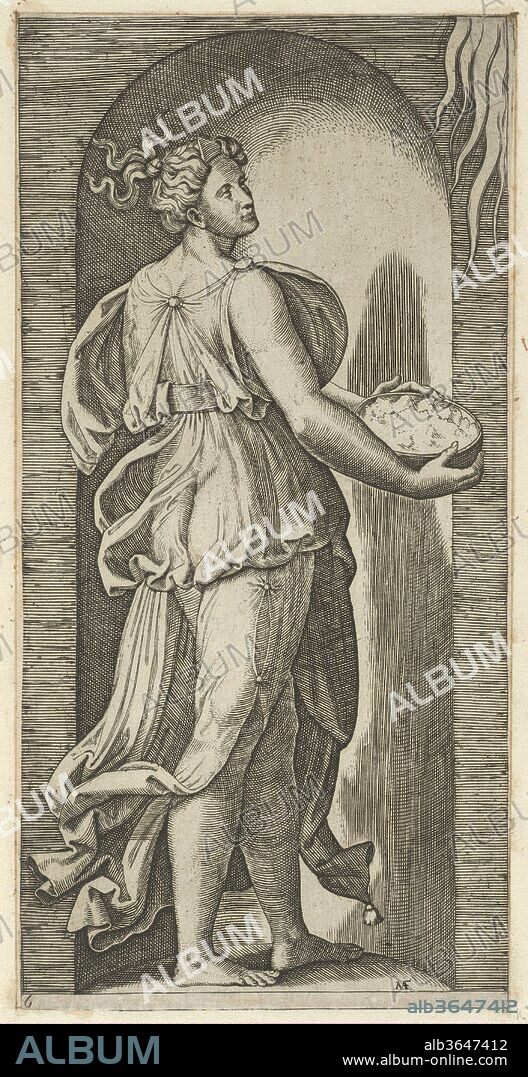 Hope personified as a woman standing in a niche facing right, holding a container of unleavened bread in both hands, from 'The Virtues'. Artist: Marcantonio Raimondi (Italian, Argini (?) ca. 1480-before 1534 Bologna (?)); Possibly after Raphael (Raffaello Sanzio or Santi) (Italian, Urbino 1483-1520 Rome). Dimensions: 8 7/16 x 4 1/4 in.  (21.4 x 10.8 cm). Date: ca. 1515-25.
