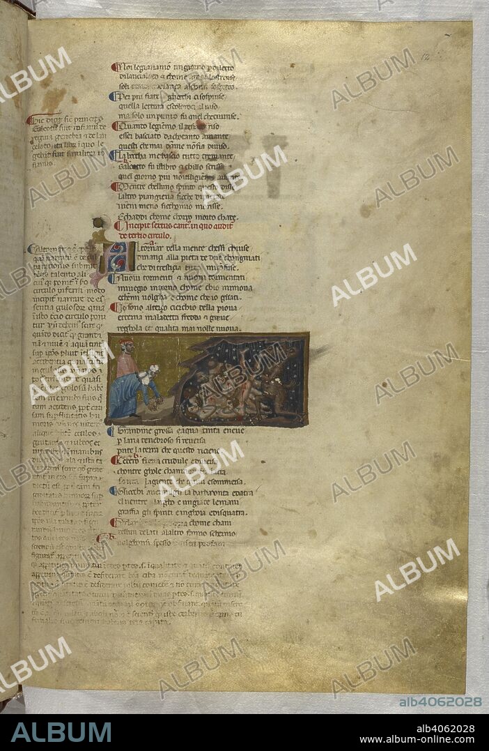 Inferno: Encountering Cerberus; Virgil gathers clods of earth to throw into his mouth. Dante Alighieri, Divina Commedia ( The Divine Comedy ), with a commentary in Latin. 1st half of the 14th century. Source: Egerton 943, f.12. Language: Italian, Latin.