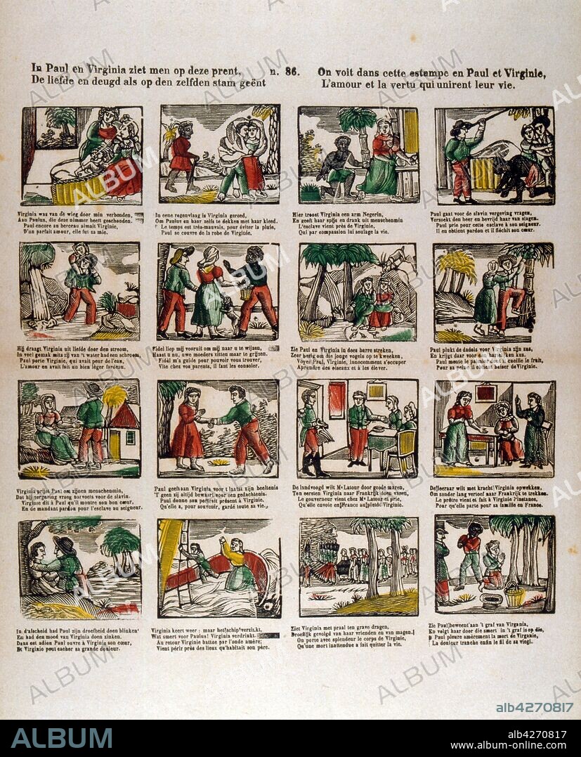Illustrated version of Paul et Virginie (or Paul and Virginia), a novel by Jacques-Henri Bernardin de Saint-Pierre, first published in 1788. The novel's title characters are friends since birth who fall in love. The story is set on the island of Mauritius under French rule, Although Paul and Virginie own slaves, they appreciate their labour and do not treat them badly;.