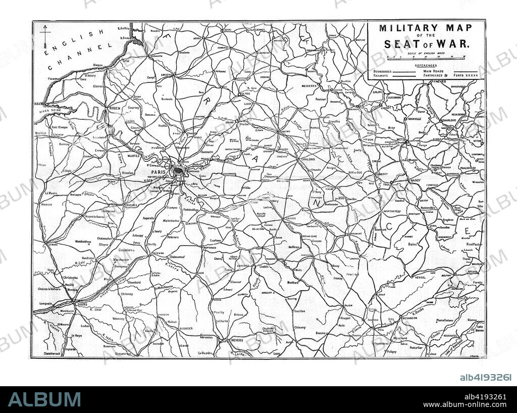 'Military Map of the Seat of War', 1870. Map showing northern France, including Paris and the English Channel, during the Franco-Prussian War, (1870-1871). From The Times, 15 November 1870.