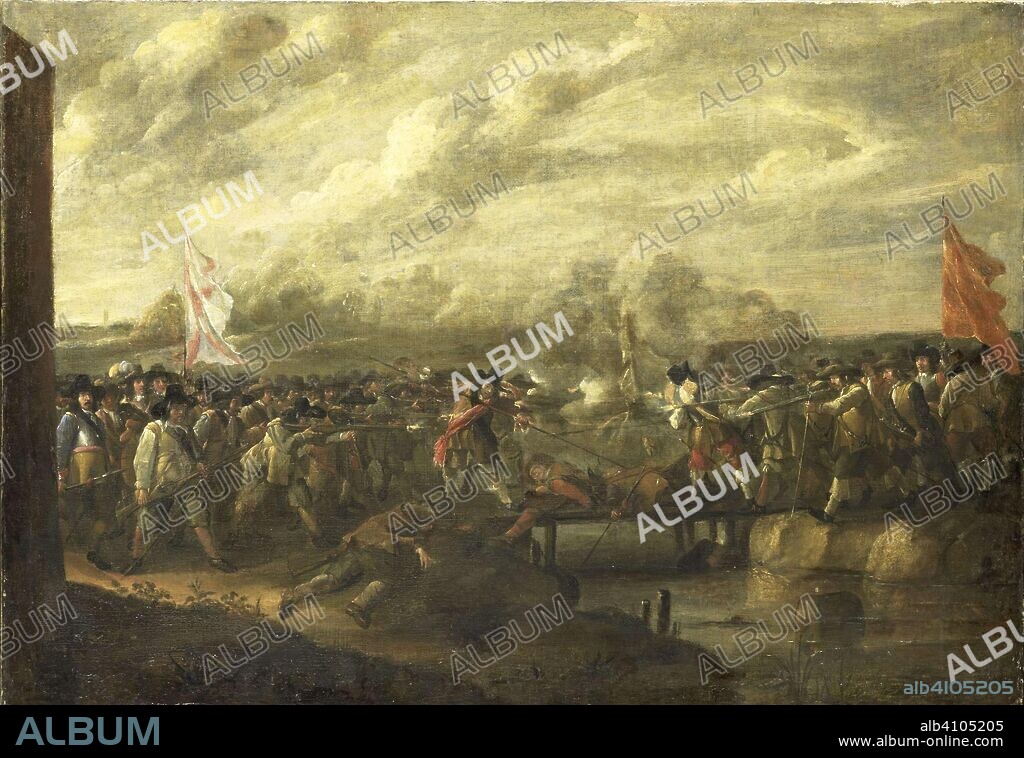 NICOLAAS VAN EYCK (I) (ATTRIBUTED TO). Infantry Battle at a Bridge. Dating: 1627 - 1679. Measurements: h 57 cm × w 82 cm × t 3 cm; h 65.6 cm × w 90.6 cm × d 9.8 cm.