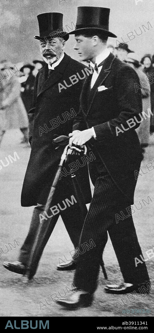 King George V and his son, Prince Edward, Duke of Windsor, 1930s. The future King Edward VIII and his father, wearing formal dress. Illustration from George V and Edward VIII, A Royal Souvenir, by FGH Salusbury, a souvenir book published as Edward VIII was crowned following the death of his father, George V, (Daily Express Publication, London, 1936).