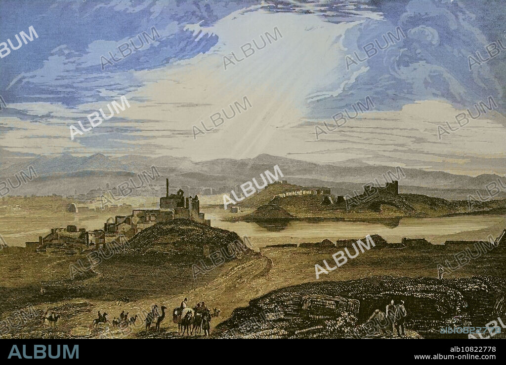 Ancient Mesopotamia. Nineveh (near the present-day Mosul, Iraq). Panoramic view of the city alongside the Tigris River. Engraving by Aubert. Later colouration. "La Tierra Santa y los lugares recorridos por los profetas, por los apóstoles y por los cruzados" (The Holy Land and the sites traversed by the prophets, by the apostles and by the crusaders). Published in Barcelona by the printing house of Joaquin Verdaguer, 1840.