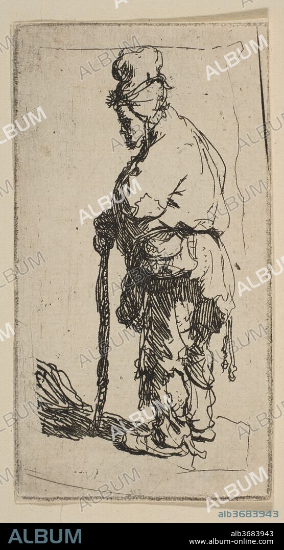 Beggar Leaning on a Stick, Facing Left. Artist: Rembrandt (Rembrandt van Rijn) (Dutch, Leiden 1606-1669 Amsterdam). Dimensions: Sheet (trimmed to platemark): 3 3/8 × 1 13/16 in. (8.6 × 4.6 cm). Date: ca. 1630.
Rembrandt made many small etchings of beggars. His alacrity with the etching needle is demonstrated in the way he captured the figure's stance and clothes with only a few quick, well-conceived lines.