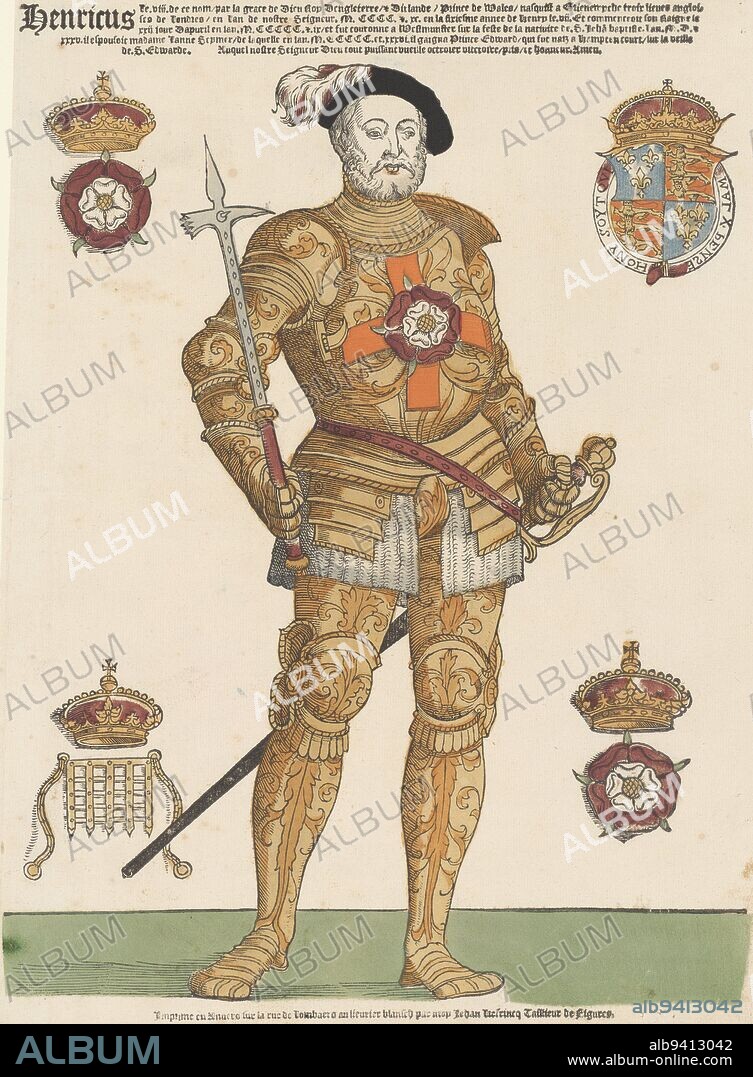 Portrait of Henry VIII of England, Cornelis Anthonisz. (manner of), 1538 - 1548, Henry VII, standing, full-length, seen from the front. With four different arms. Five lines of text in French above him: Henricus Le. viii...honneur. Amen., one line below., print maker: Cornelis Anthonisz., (manner of), print maker: Hans Liefrinck (I), Hans Liefrinck (I), (possibly), print maker: Low Countries, Low Countries, publisher: Antwerp, 1538 - 1548, paper, h 405 mm × w 295 mm.