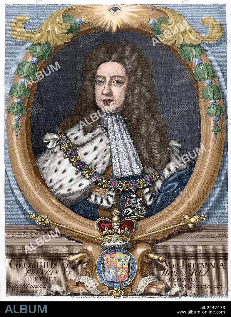 Jorge II de Gran Bretaña y Hannover (1683-1760). Rey de Gran Bretaña y de Irlanda, duque de Brunswick-Luneburgo (en Hannover), Príncipe elector del Sacro Imperio Romano Germánico desde el 11 de junio de 1727 hasta su muerte y duque de Bremen y príncipe de Verden (1727-60). Grabado coloreado de "Historia Universal".