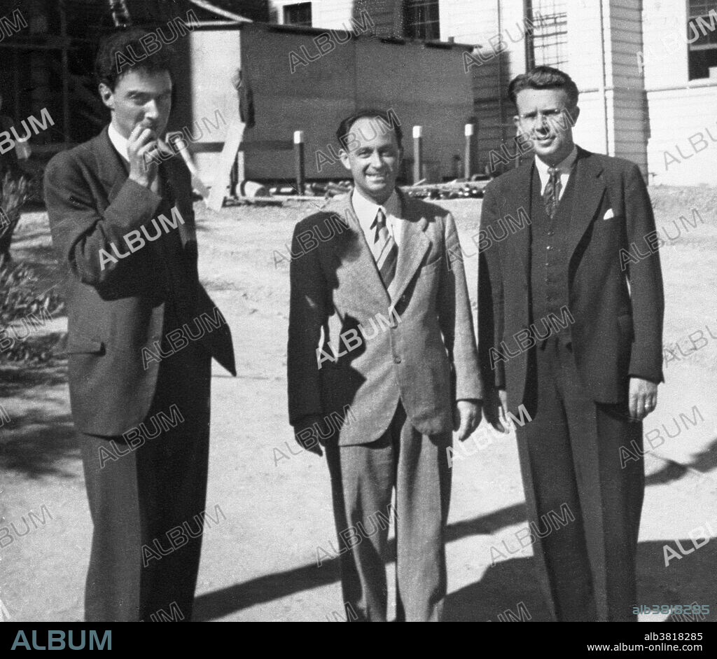 Leaders of the Manhattan Project; J. Robert Oppenheimer, Enrico Fermi and Ernest Lawrence. Photo was taken in 1940 at the University of California at Berkeley, where Oppenheimer was professor of theoretical physics and Lawrence was professor of experimental physics and director of the Radiation Laboratory. Julius Robert Oppenheimer (April 22, 1904 - February 18, 1967) was an American theoretical physicist and professor of physics at the University of California, Berkeley. Along with Enrico Fermi, he is often called the "father of the atomic bomb" for his role in the Manhattan Project, the World War II project that developed the first nuclear weapons. Enrico Fermi (September 29, 1901 - November 28, 1954) was an an Italian-born, naturalized American physicist particularly known for his work on the development of the first nuclear reactor, Chicago Pile-1, and for his contributions to the development of quantum theory, nuclear and particle physics, and statistical mechanics. Ernest Orlando Lawrence (August 8, 1901 - August 27, 1958) was an American physicist and Nobel Laureate, known for his invention, utilization, and improvement of the cyclotron atom-smasher.