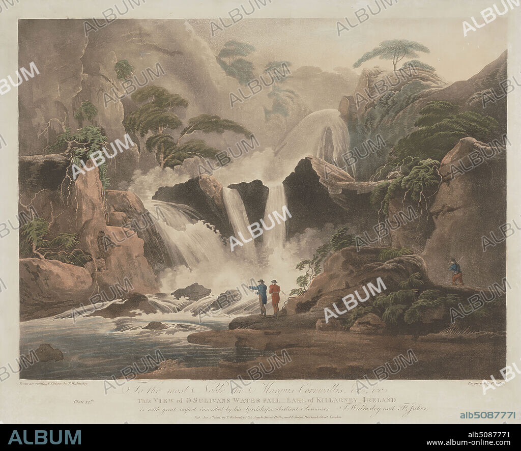 View of O'Sullivans Waterfall, Lake of Killarney, Ireland, Francis Jukes, 17471812, British, after Thomas Walmsley, 17631806, Irish, 1801, Colored aquatint, Sheet: 14 1/4 x 18 1/8in. (36.2 x 46cm).