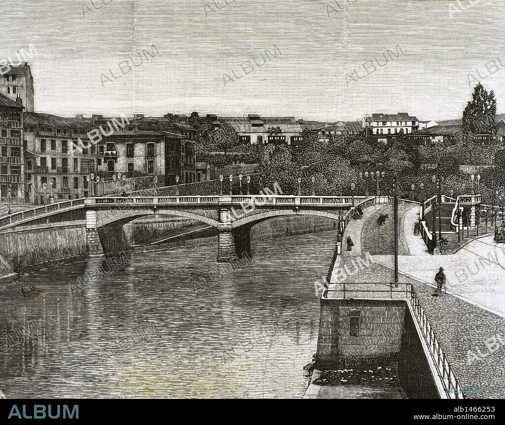 HISTORIA DE ESPAÑA. PAIS VASCO. BILBAO. PUENTE DE LA MERCED, sobre la Ría. Grabado de la "Ilustración Nacional" (1887) .