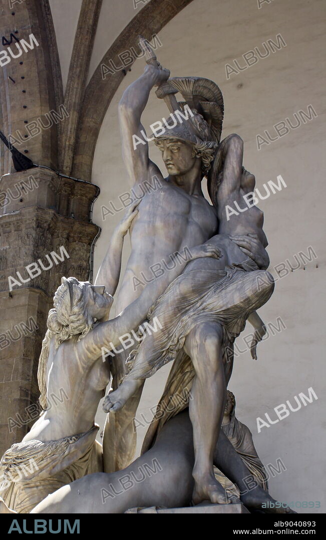 A statue group of the Rape of Polyxena, a diagonal sculpture by Pio Fedi, made in 1865. Stood in the statuary of the Loggia dei Lanzi, a building on a corner of the Piazza della Signoria in Florence, Italy. It adjoins to the Uffizi Gallery.