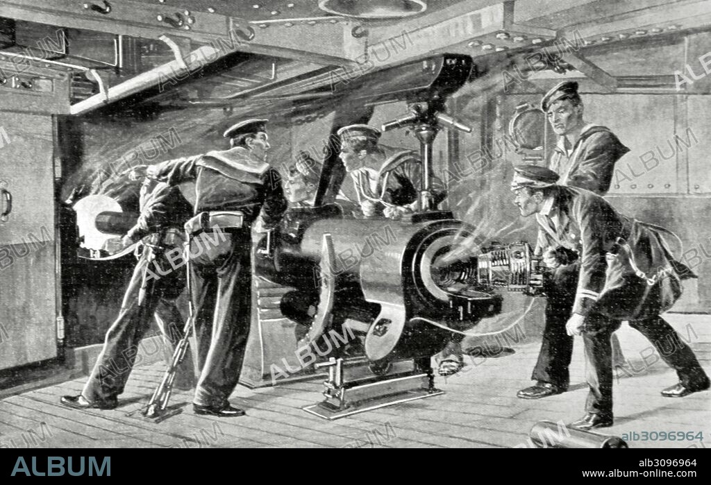 GUERRA RUSO-JAPONESA (1904-1905). Japón entró en guerra con Rusia con la finalidad de asegurarse intereses capitales en Corea y sur de Manchuria. "Abriendo fuego a bordo de un acorazado japonés". Grabado de La Ilustración Española y Americana, 1904.