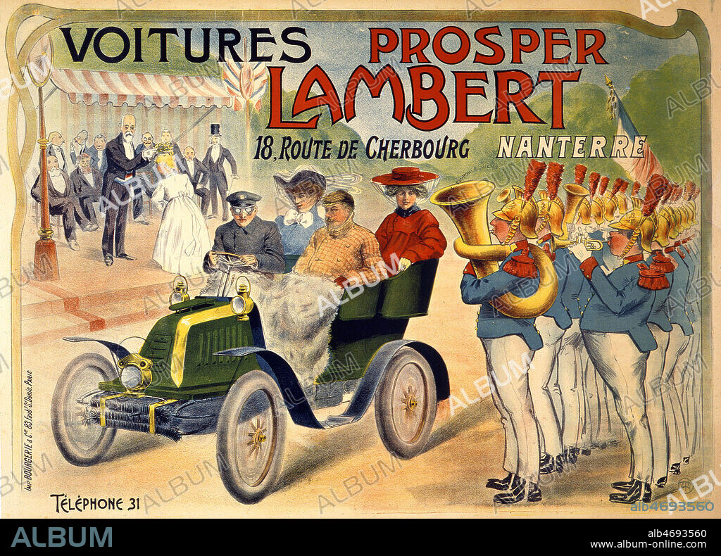 Publicite pour les voitures Prosper LAMBERT illustree par Louis ABEL-TRUCHET (1857-1918) vers 1900. Credit : Coll. Galdoc-Grob/KHARBINE-TAPABOR.