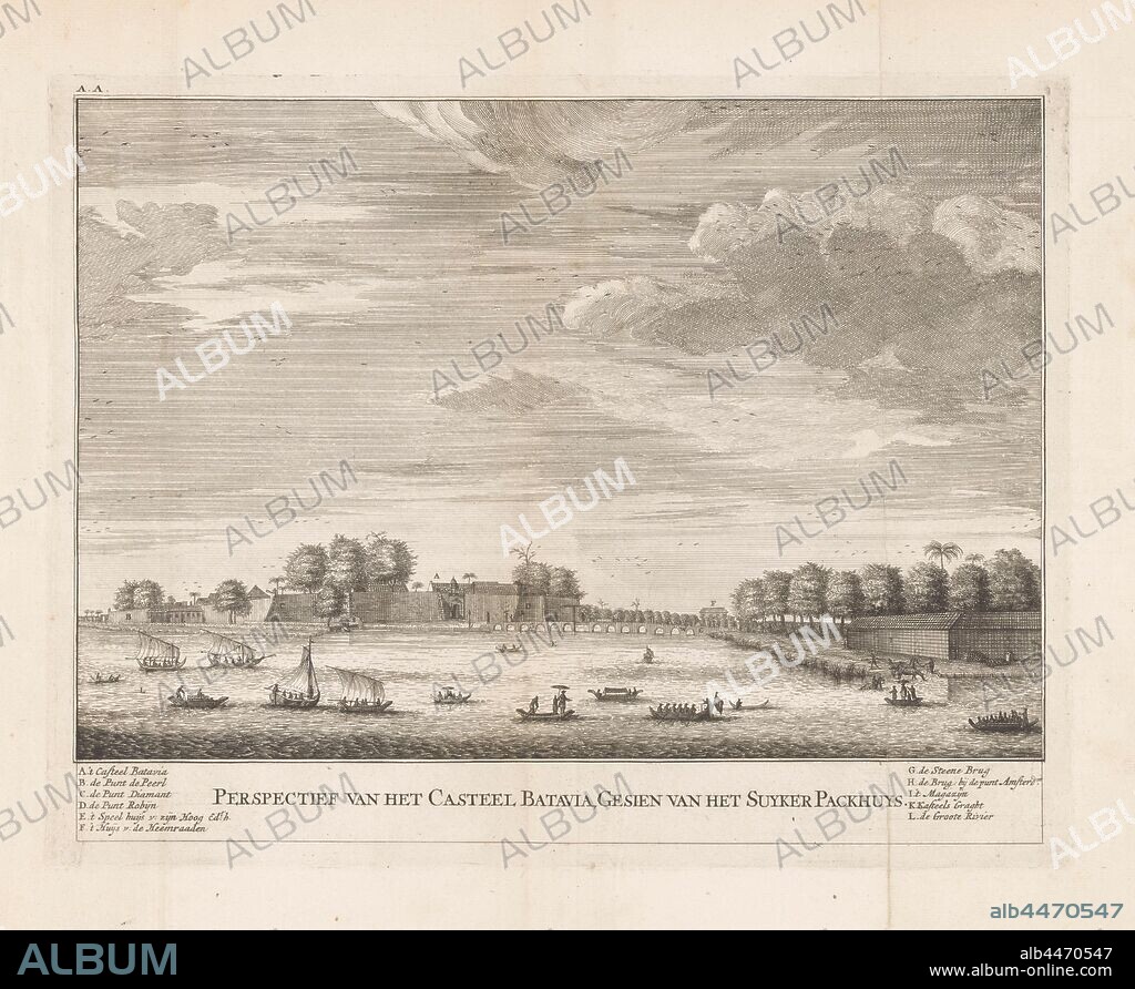 View of the Batavia castle, seen from the sugar warehouse, Perseelief van de Casteel Batavia, Gesien van het Suyker Packhuys (title on object), View of Kasteel Batavia around 1720, on a river on which various sailing ships and rowing boats. Drawbridge over the moat. On the right a large building behind which a row of trees. In the caption the legend A-L. Numbered top left: AA, fortress, landscapes in tropical and sub-tropical regions, river (landscape with figures, staffage), Batavia Castle, Dutch East India Company, anonymous, Northern Netherlands, 1720 - 1724, paper, engraving, h 287 mm × w 370 mm.