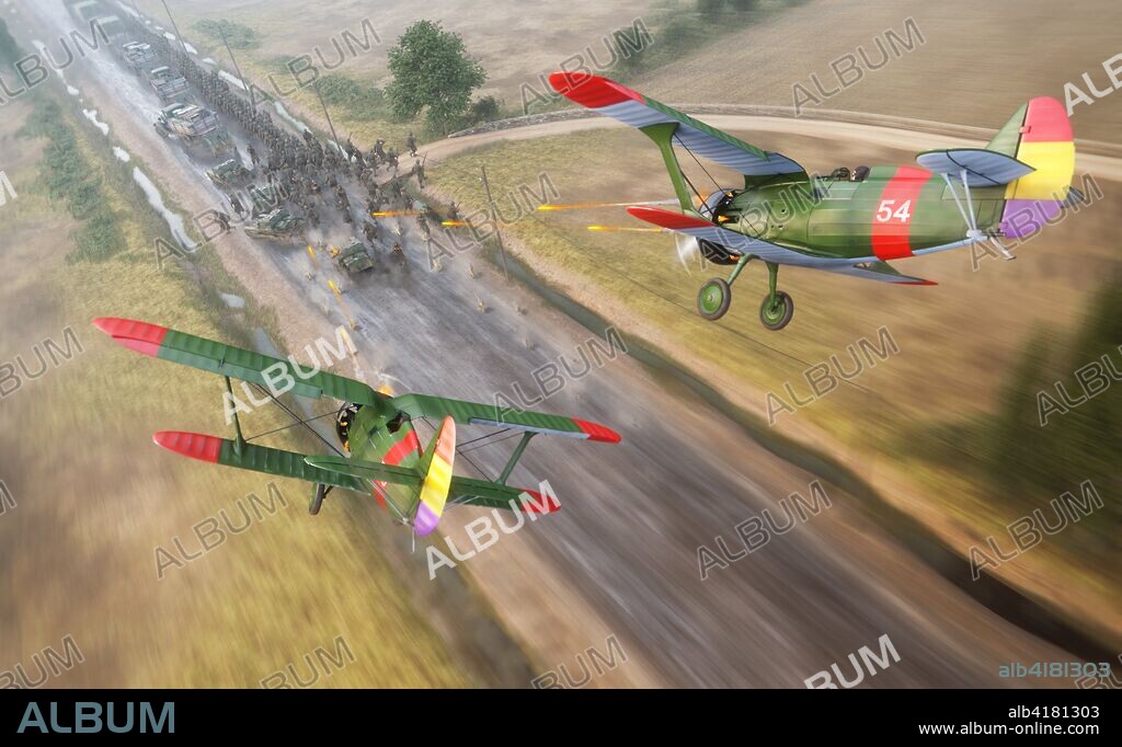 Batalla de Guadalajara, Guerra Civil española. Recreación de uno de los ataques de la aviación republicana a las columnas de tropas italianas que emprendieron la huida tras las ultimos combates de la batalla de Guadalajara en el año 1937.