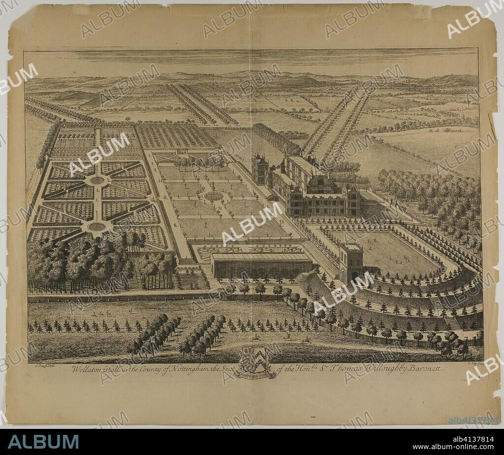JOHANNES KIP. Wollaton Hall in the County of Nottingham, plate 68 from Britannia Illustrata. Jan Kip (Dutch, c. 1653-1722); after Leonard Knyff (Dutch, 1650-1721); published by David Mortier (French, 1673-1728). Date: 1707. Dimensions: 326 x 474 mm (image); 352 x 483 mm (plate); 439 x 514 mm (sheet). Etching, with engraving, in black on cream laid paper. Origin: Netherlands.