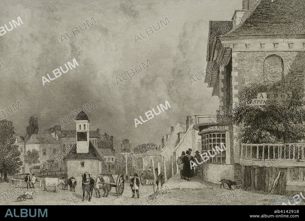Reino Unido. Inglaterra. Epsom, condado de Surrey. Grabado por William Hensha (1774-1843). Dibujo por J. W. Allen. "London and its Environs", h. 1849 (Londres y sus Alrededores). Biblioteca Histórico Militar de Barcelona, Cataluña, España.