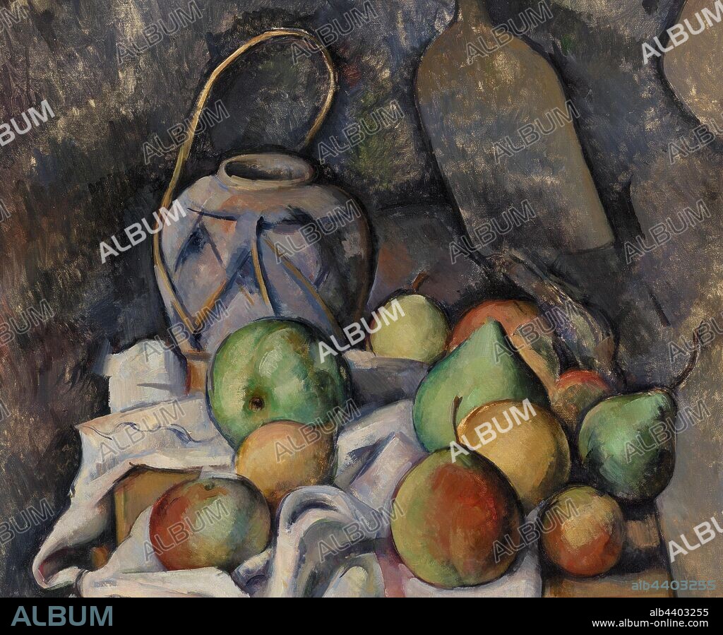 Paul Cézanne: Ginger Jar (Pot de gingembre), Paul Cézanne, c. 1895, Oil on canvas, With its dynamic composition and lively colors, this 'still life' seems anything but still. Foreground and background merge, and objects jostle for space, as drapery obscures the central motif. Ginger jars were popular home decorations in nineteenth century Europe and – like this one – they tended to feature shades of blue. Cézanne included them in several paintings, often alongside a similar selection of fruit., Overall: 28 7/8 x 23 3/4 in. (73.3 x 60.3 cm).