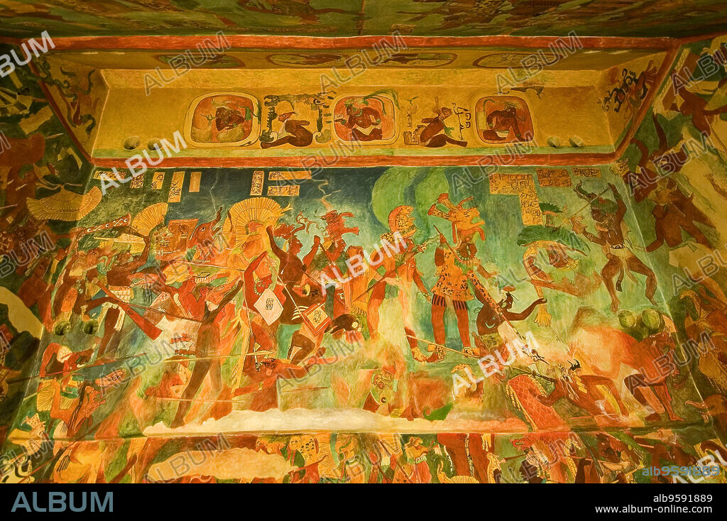 Wall decorated with frescoes in room nº.2.Maya.Original mural painting by Bonampak. Museo Nacional de Antropologia. State of Mexico D.F. Mexico.