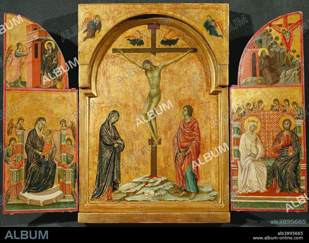 DUCCIO DI BUONINSEGNA. Triptych: Crucifixion and other Scenes. Date/Period: 1302 - 1308. Painting. Tempera on panel. Height: 44.9 cm (17.6 in); Width: 31.4 cm (12.3 in).