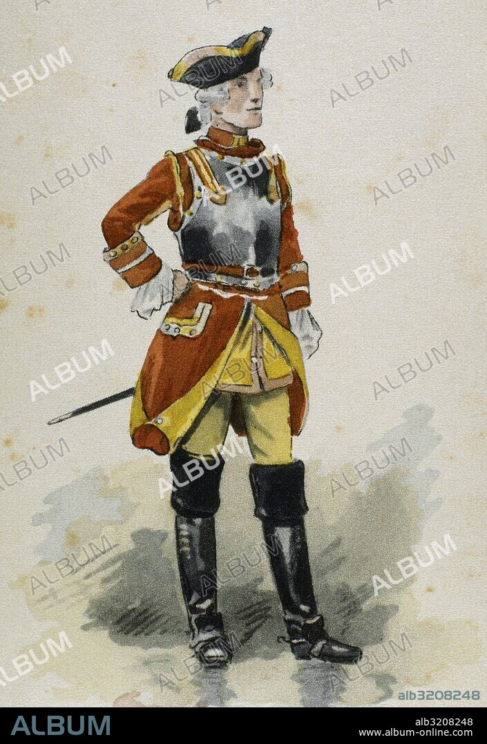 Spain. Military uniforms. 18th century. Soldier of the Regiment of the Queen in 1766. Engraving. Color.