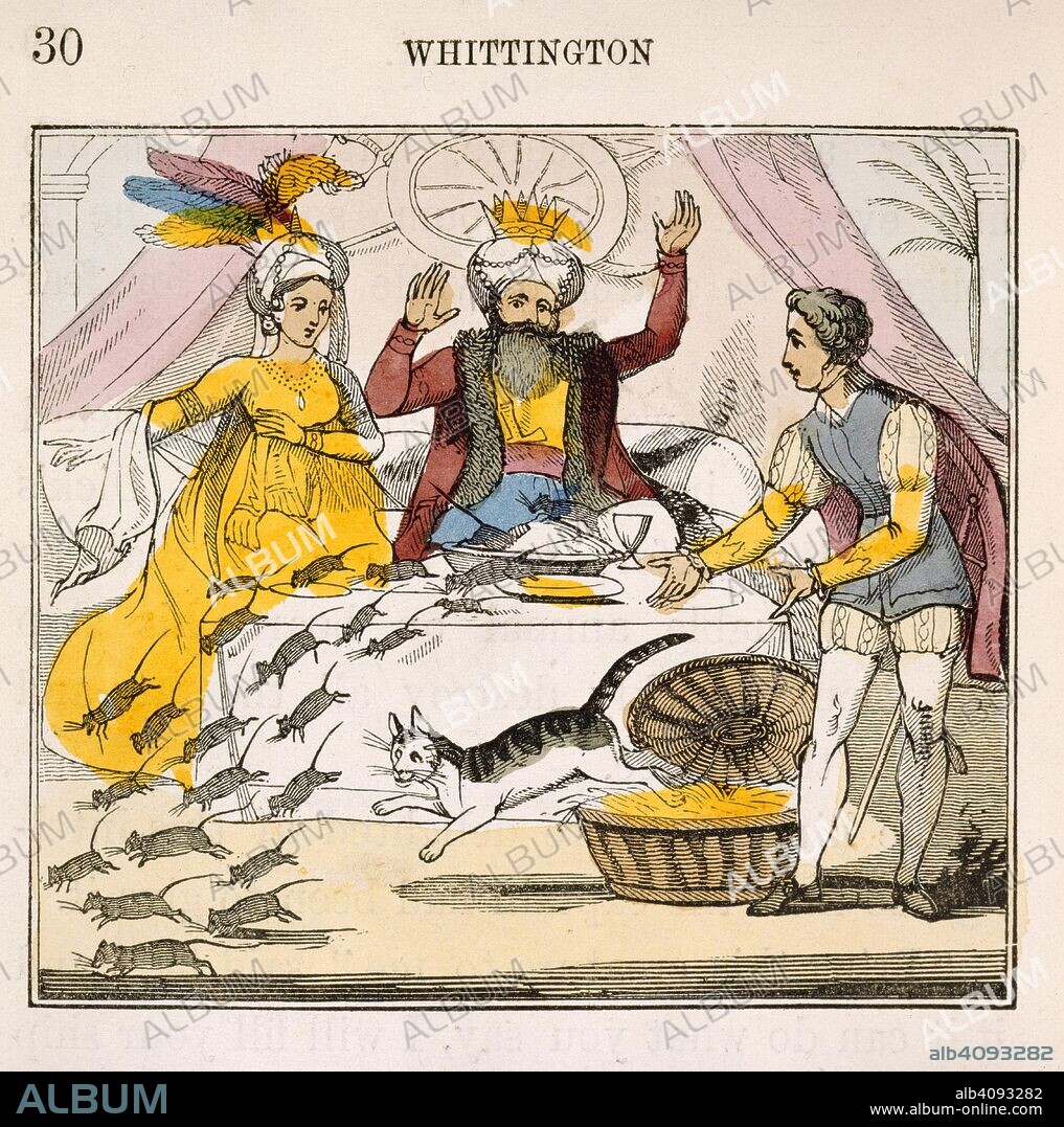 Dick Whittington. Whittington and his Cat. [With coloured cuts.]. Grant & Griffith: London, [1845?]. Dick Whittington releases his cat from a basket to chase away rats.  Image taken from Whittington and his Cat. [With coloured cuts.].  Originally published/produced in Grant & Griffith: London, [1845?]. . Source: 012806.ee.8, 30. Language: English.