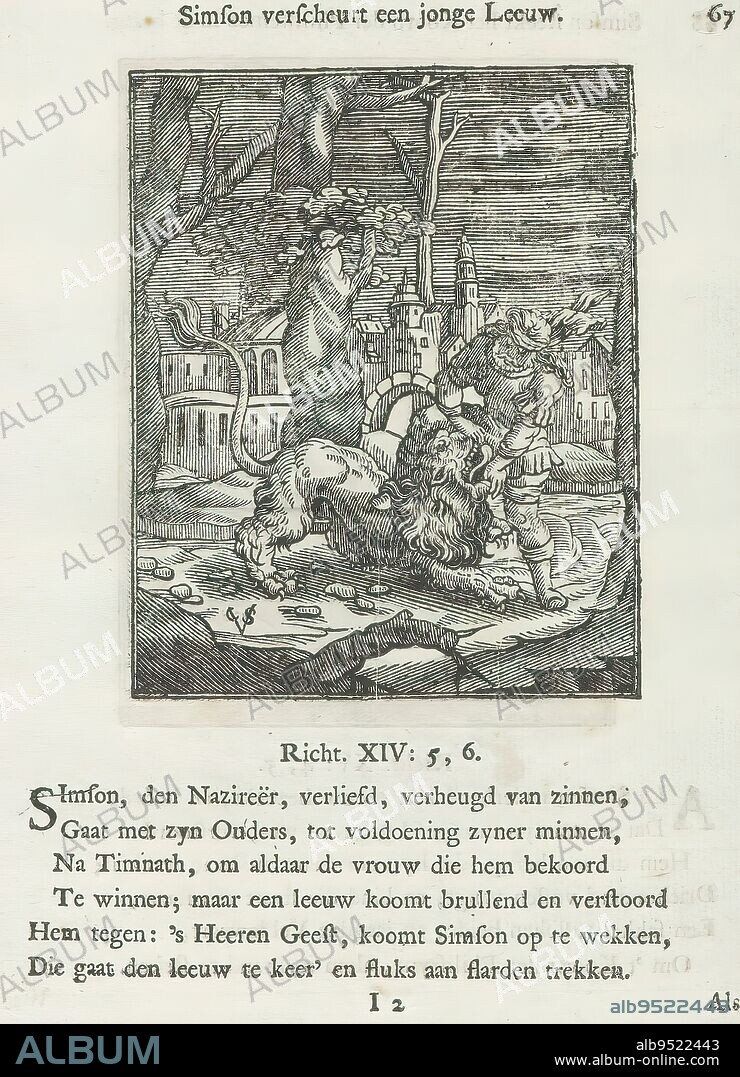 Samson kills the lion, Samson tears apart a young lion (title on object), Samson in combat with a lion that he will eventually kill with his bare hands. He pulls the animal's jaws apart with his hands. Above the image is a title. Below it are six verses and a reference to Judges 14: 5-6. The print is part of an album., print maker: Christoffel van Sichem (II), (mentioned on object), print maker: Christoffel van Sichem (III), (mentioned on object), publisher: Jan Klooster, Amsterdam, 1645 - 1646 and/or 1740, paper, letterpress printing, height 102 mm × width 82 mm, height 169 mm × width 135 mm.